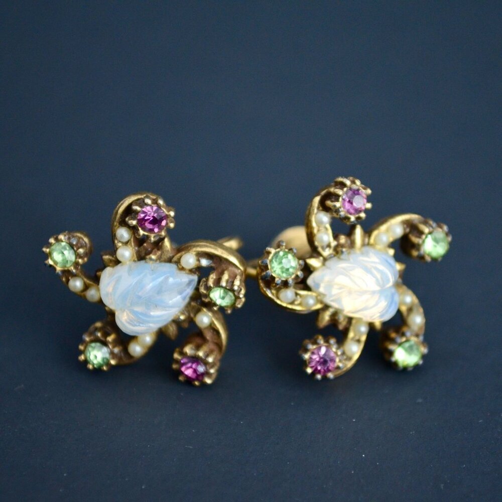 Vintage Colorful Rhinestone Gold Toned Screw Back Earrings - Picture 2 of 4